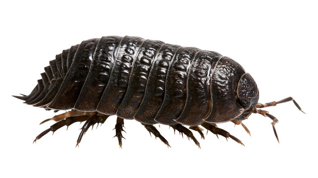 Dark brown segmented pill bug with armored exoskeleton and multiple small legs