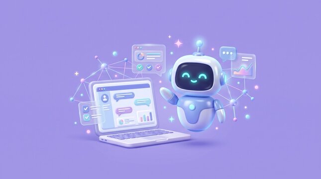 3D AI Robot Assistant Waving Beside Laptop On Purple Background