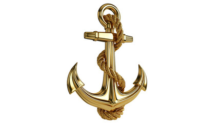 Shiny golden nautical anchor wrapped with thick braided rope © Thaddeus