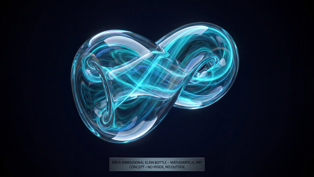 Klein bottle render with internal cyan energy loops demonstrates four-dimensional geometric topology concepts.