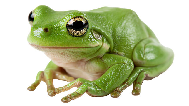 Bright green Australian tree frog with large golden eyes and smooth skin