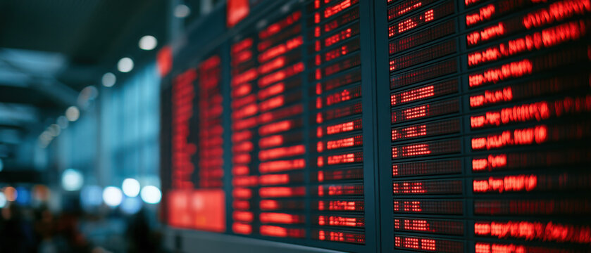 Airport departure board delay messages in red in a modern terminal  