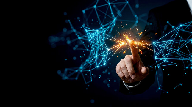 Professional touching glowing data network sparks showing fintech cybersecurity risks in modern digital corporate environment shot from front close view photo