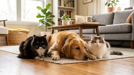Fototapeta na wymiar Three curious pets investigate a laptop computer on a wooden living room floor