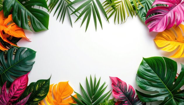 A vibrant border of colorful tropical leaves on a white background.