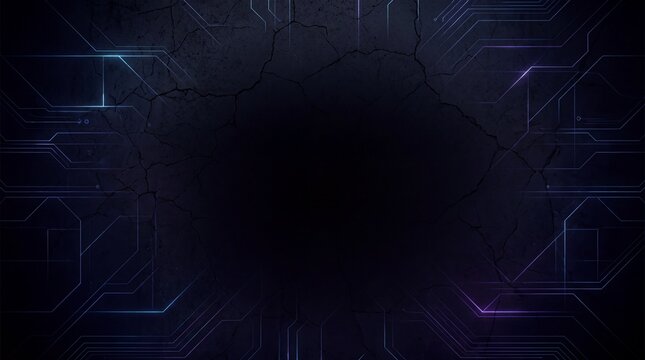 Abstract dark background featuring glowing blue circuit lines on a textured cracked surface design with arranged geometric pattern, blue purple