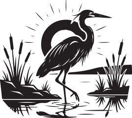 Obraz premium Vintage heron silhouette vector, retro bird emblem in marsh landscape, black and white crane logo with cattails and sun