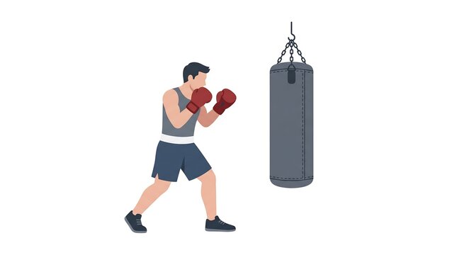Boxer training with punching bag wearing red gloves vector illustration