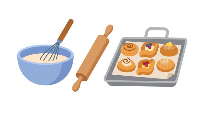 Baking tools and freshly baked sweet pastries on tray vector graphic design