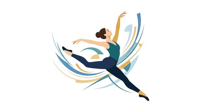 Ballerina dancing gracefully in mid-air leap surrounded by abstract shapes vector graphic