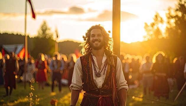 A smiling man with long curly hair wears a traditional outfit at a festival during sunset.