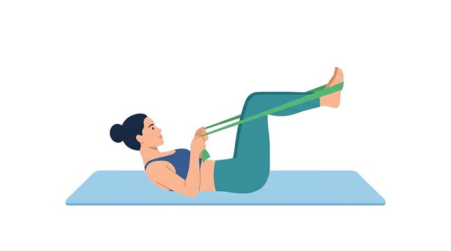 Woman doing core workout with resistance band vector illustration representing home fitness hobby