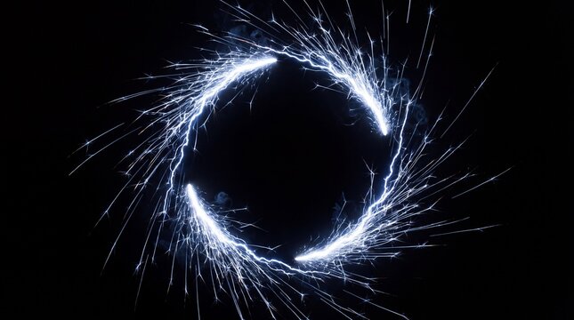 A circular ring of bright blue electric sparks glowing intensely against a solid black background with radiant energy forms sharp dynamic frame light