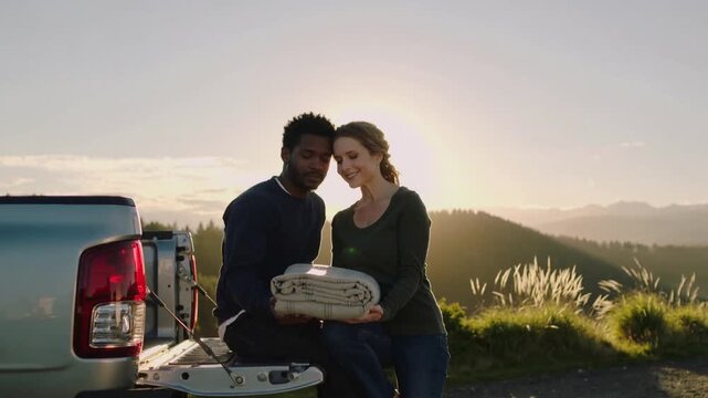 Camera pulling back showing couple wearing navy, green holding blanket on tailgate, sharing warmth