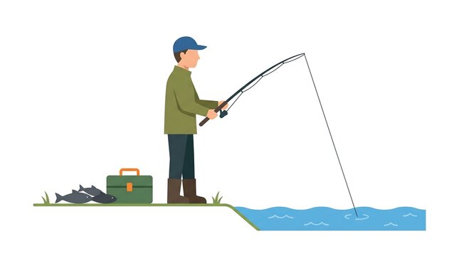 Sport fishing hobby with angler catching fish by riverside vector design illustration