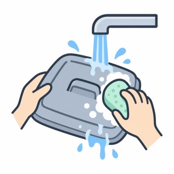 スポンジと泡でゴミ箱のフタを洗う手、ゴミ箱の掃除と臭い取りのイラスト