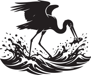 Obraz premium Black heron silhouette catching fish in water, minimalist stork bird vector illustration, coastal wildlife logo icon