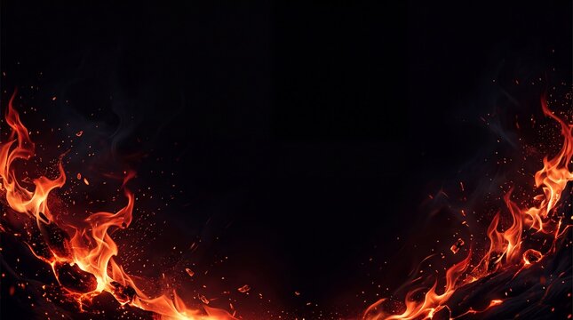 Bright orange and red flames rise from the bottom corners against a dark black background with background with background