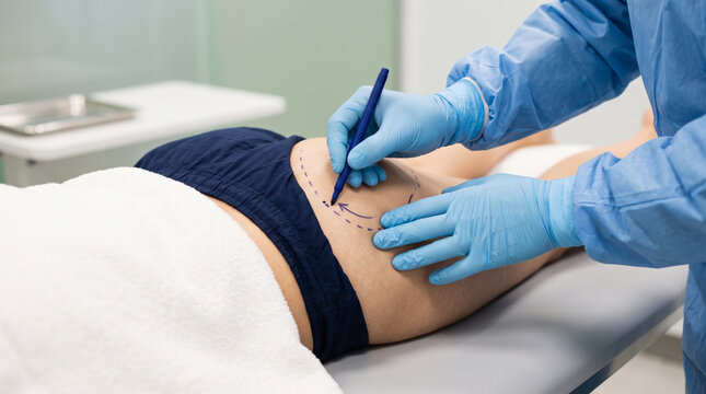 An extreme close-up of a plastic surgeon's hands using a surgical marker to draw surgical lines on a woman's buttocks for body contouring, minimalist aesthetic style