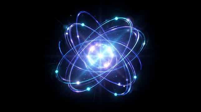 Glowing abstract atom model with orbiting electrons