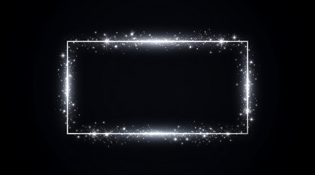 Glowing silver rectangular frame with sparkling light particles