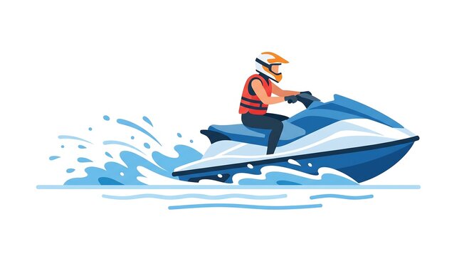 Rider speeding on blue jet ski vector illustration depicting watercraft hobby and marine speed exercise