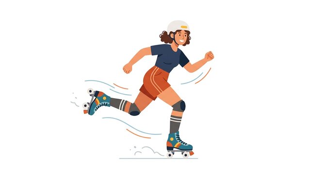 Young woman wearing safety gear roller skating fast for outdoor exercise and healthy lifestyle hobby in flat vector illustration style