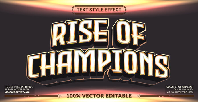 Rise of Champions 3D editable text effect vector template for esports tournaments, gaming posters, sports championship banners, and trophy event graphics. Fully customizable graphic style.