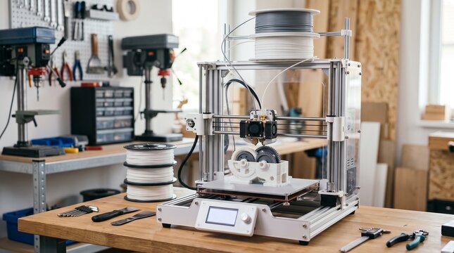 3D printer operating with filament spools in a well-lit workshop for prototyping and innovation