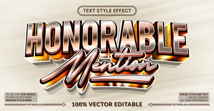 Honorable Mention 3D editable text effect vector template for award ceremonies, victory banners, contest winner posters, and metallic luxury graphics. Fully customizable graphic style.