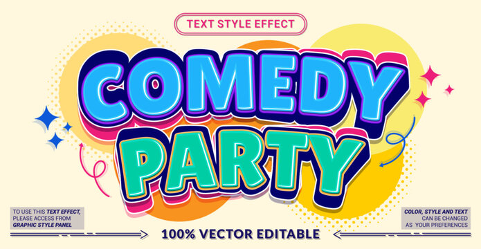 Comedy Party 3D editable text effect vector template for stand-up shows, funny event posters, comic flyers, and playful party banners. Fully customizable graphic style.
