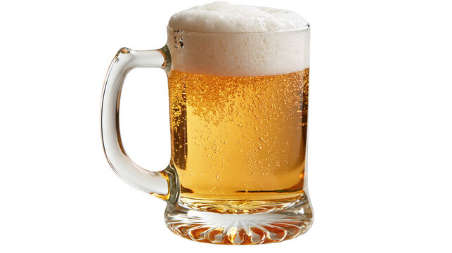 Golden lager beer in a clear glass mug with thick white foam head