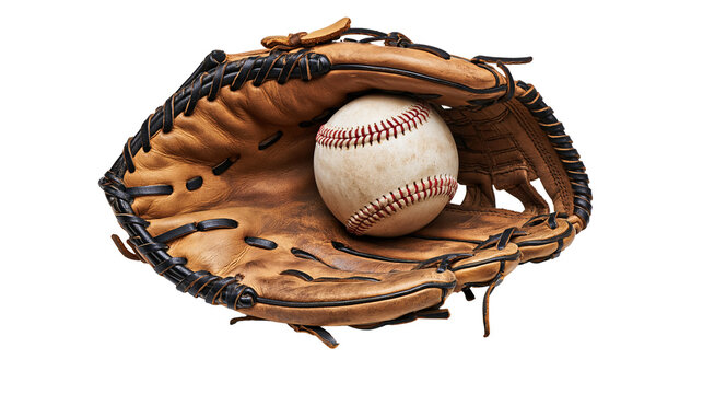 Worn brown leather baseball glove holding a white stitched baseball