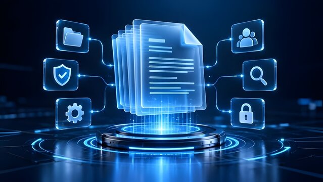 Futuristic digital document management interface with glowing blue file hologram and system setting icons representing cyber security and data privacy