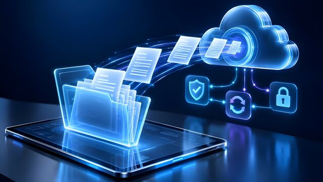Futuristic cloud computing data transfer with glowing blue digital documents syncing from tablet folder to secure network