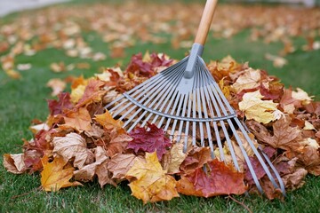 Obraz premium The Autumn Leaves Rake Piled on Green Lawn After Fall Cleanup