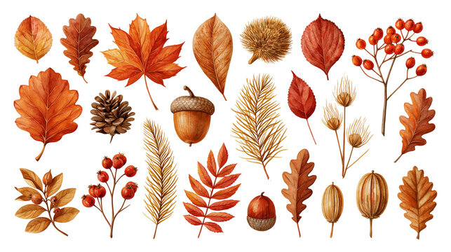 Autumn forest collection with colorful fall leaves acorns, pinecones and berries