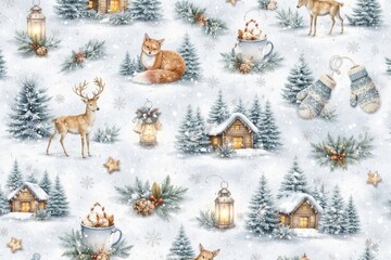Fototapeta premium Winter woodland animals cozy illustration.