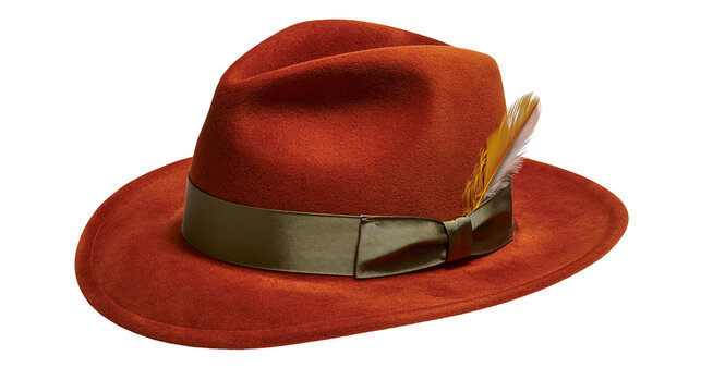 Burnt orange felt fedora hat with olive green ribbon band and decorative feather
