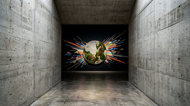 Earth globe exploding with colorful light beams in concrete exhibition hall