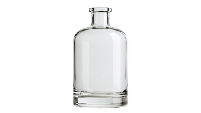 Empty clear glass bottle with a thick base and short neck