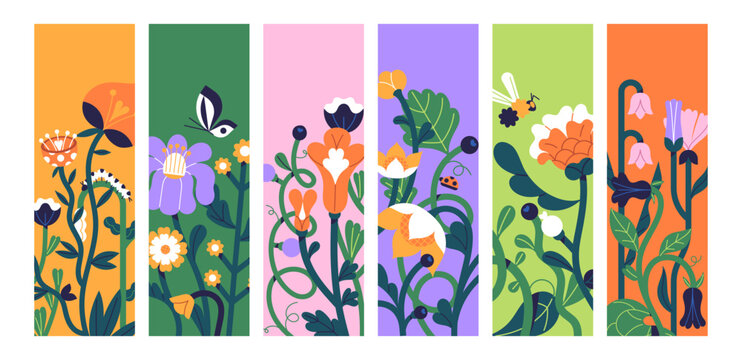Design of paper bookmarks with floral patterns set. Printable cards for books with patterns of nature. Modern bookmarks design with abstract flowers and leaves. Templates with blossoming flowers.