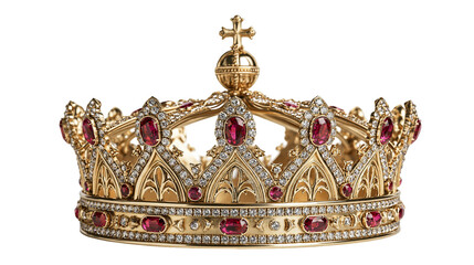 Fototapeta premium Ornate golden royal crown decorated with red rubies and sparkling white diamonds