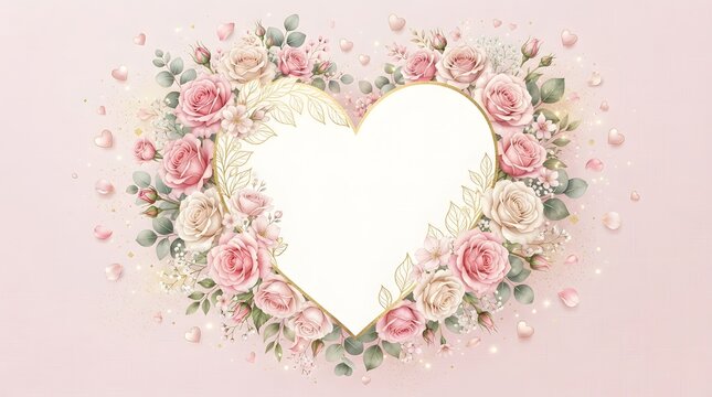 Beautiful Heart Shaped Floral Frame Design With Pink Roses For Romantic Birthday Greeting Cards.