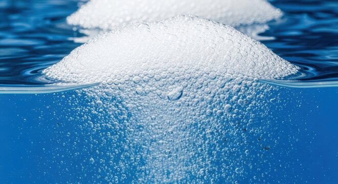 Close up of clear blue water with dense bubbles and white foam at the surface, showing active aeration in a liquid treatment tank with rising air bubbles, ripples and turbulent movement
