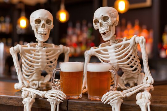 The Skeletons at the Bar Toasting Beer in a Whimsical Nightlife Scene