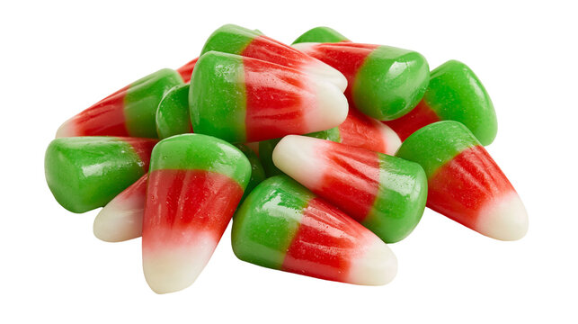 Red green and white tri-colored candy corn pieces piled together