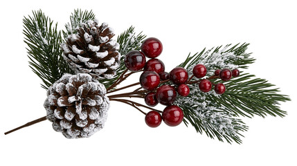 Plakat Snowy pine branch with brown pinecones and glossy red holly berries