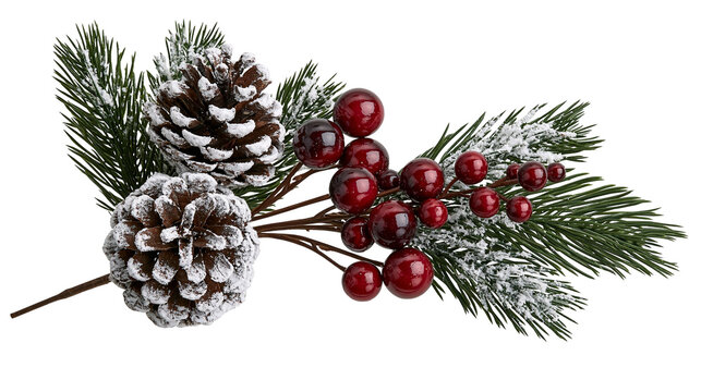 Snowy pine branch with brown pinecones and glossy red holly berries