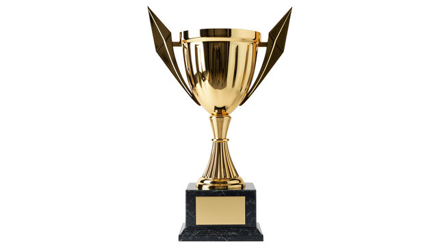 Shiny gold trophy cup with decorative wings on a black marble base